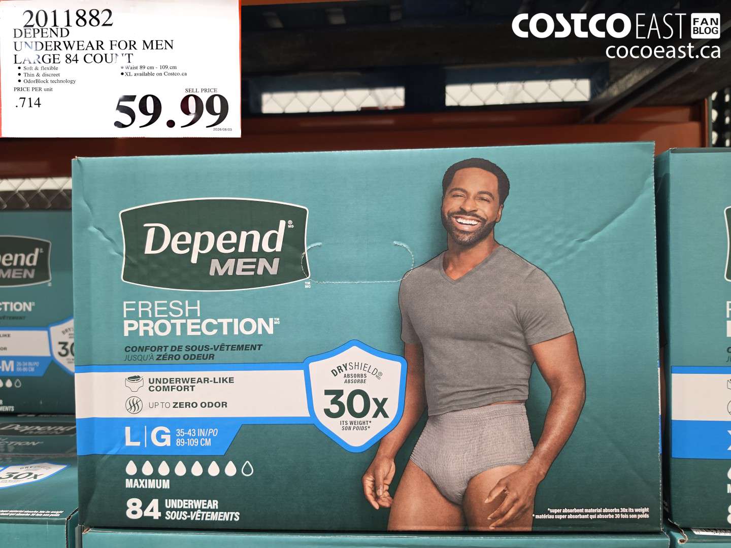 2011882 DEPEND UNDERWEAR FOR MEN LARGE 84 COUNT $59.99