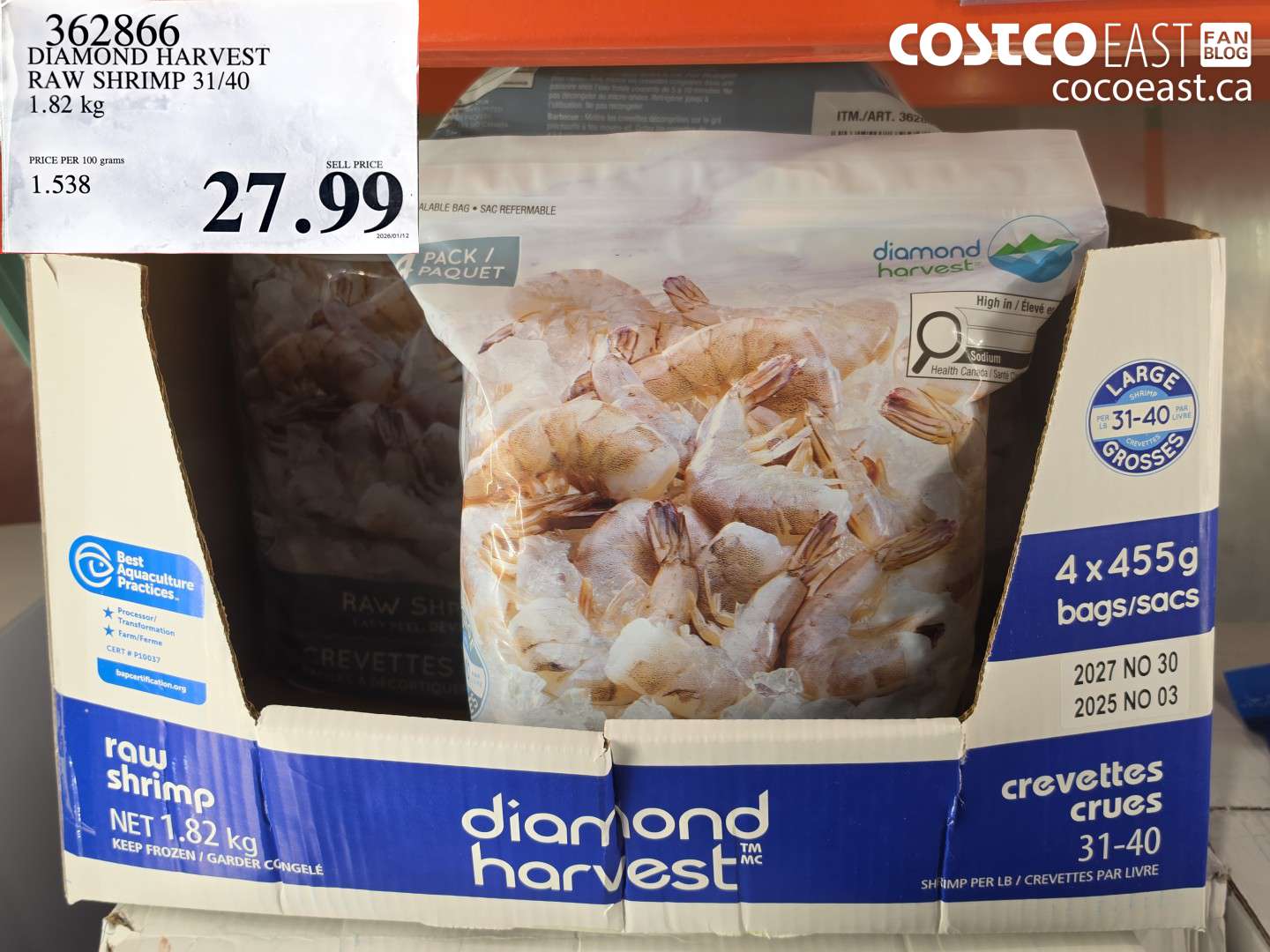 362866 DIAMOND HARVEST RAW SHRIMP 31/40 1.82 KG $27.99