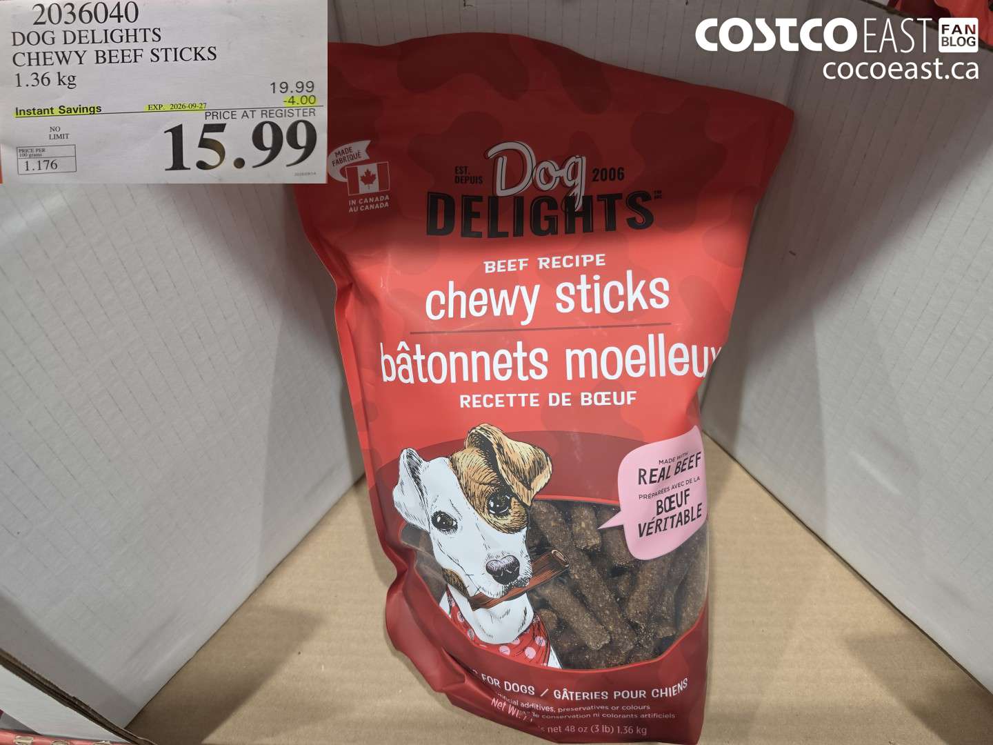 2036040 DOG DELIGHTS CHEWY BEEF STICKS 1.36 KG ($4.00 INSTANT SAVINGS EXPIRES ON 2026-09-27) $15.99