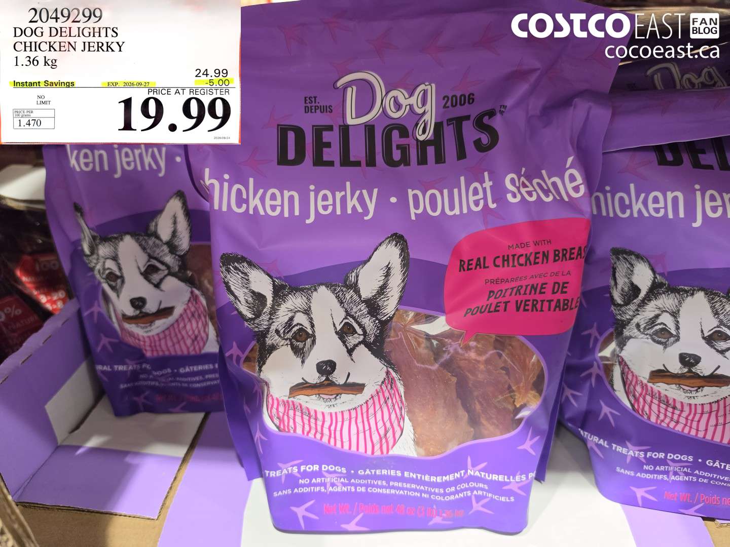 2049299 DOG DELIGHTS CHICKEN JERKY 1.36 KG ($5.00 INSTANT SAVINGS EXPIRES ON 2026-09-27) $19.99
