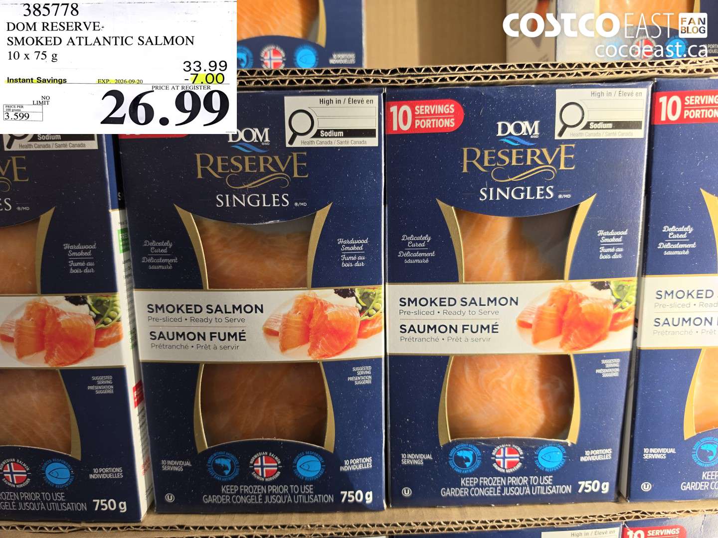 385778 DOM RESERVE SMOKED ATLANTIC SALMON 10 X 75 G ($7.00 INSTANT SAVINGS EXPIRES ON 2026-09-20) $26.99