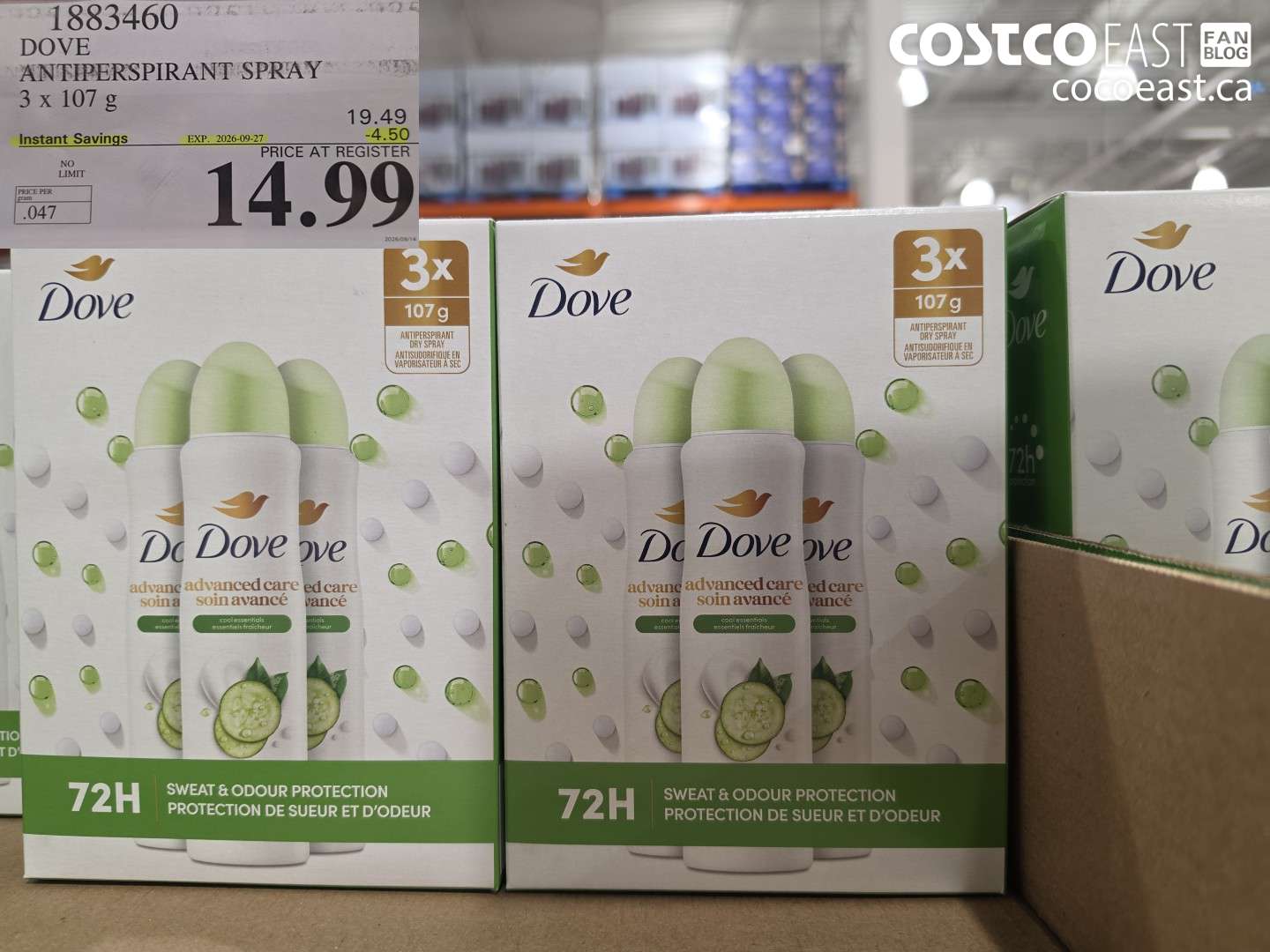 1883460 DOVE ANTIPERSPIRANT SPRAY 3 X 107 G ($4.50 INSTANT SAVINGS EXPIRES ON 2026-09-27) $14.99