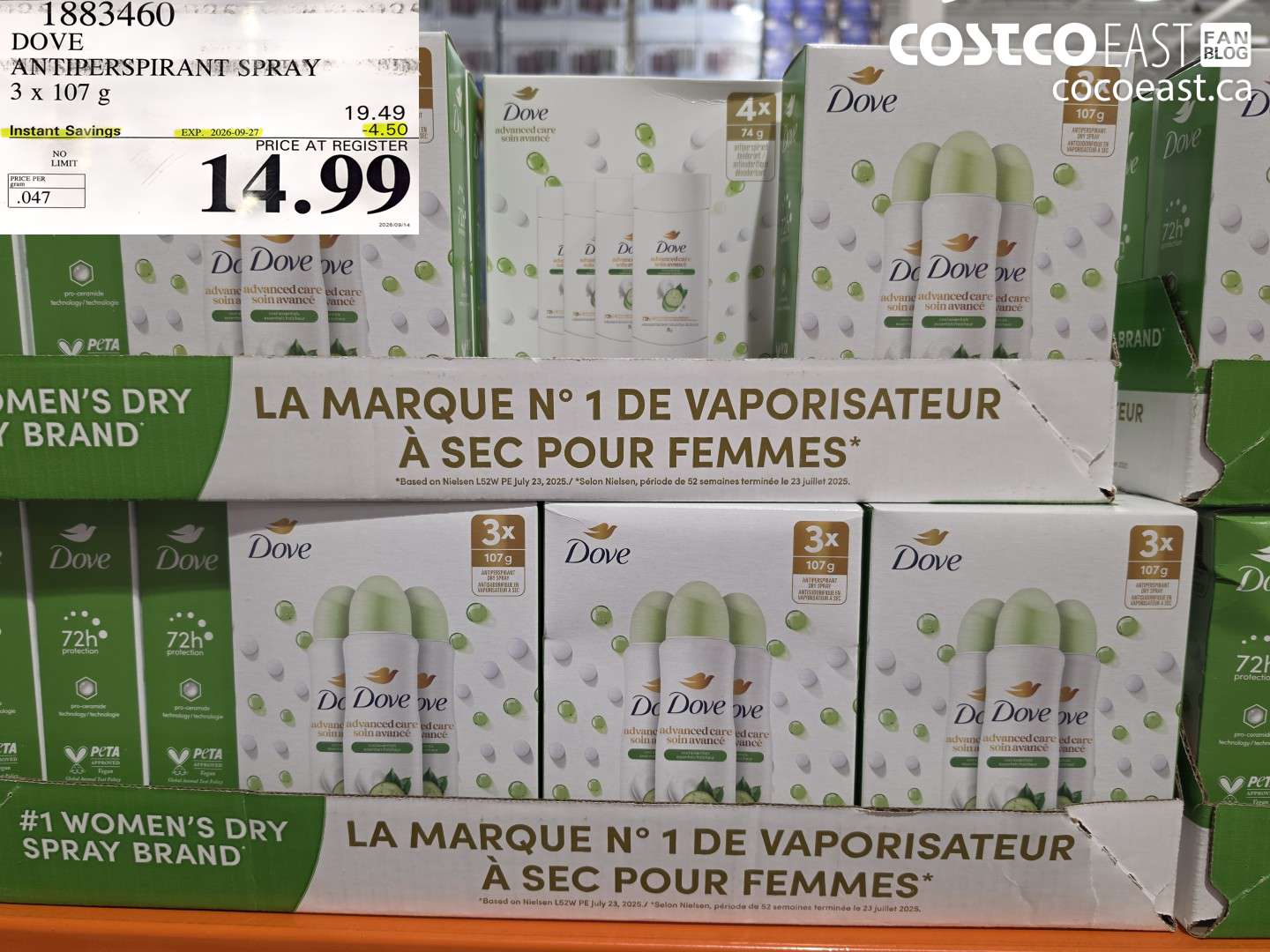1883460 DOVE ANTIPERSPIRANT SPRAY 3 X 107 G ($4.50 INSTANT SAVINGS EXPIRES ON 2026-09-27) $14.99