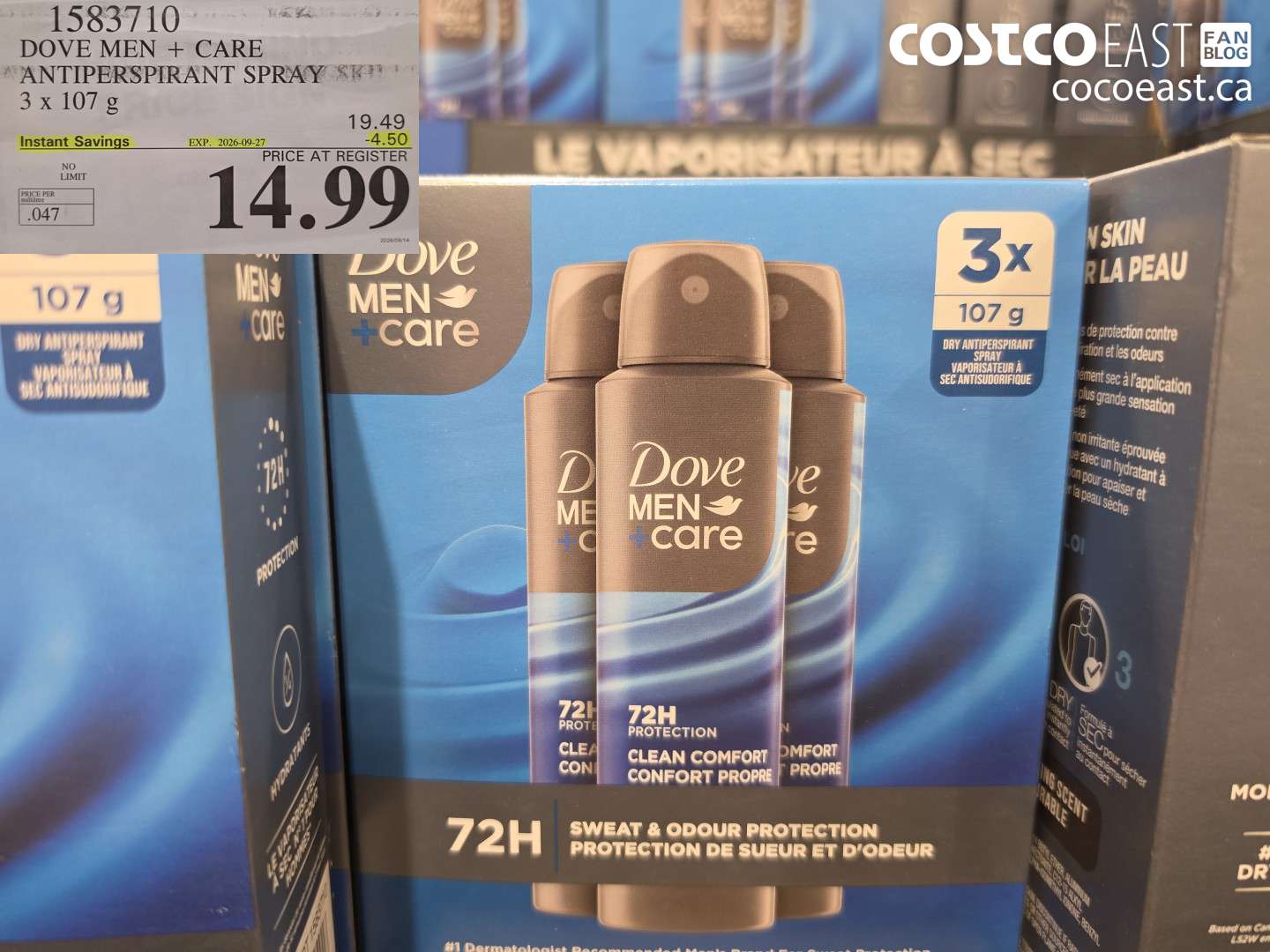 1583710 DOVE MEN + CARE ANTIPERSPIRANT SPRAY 3 X 107 G ($4.50 INSTANT SAVINGS EXPIRES ON 2026-09-27) $14.99