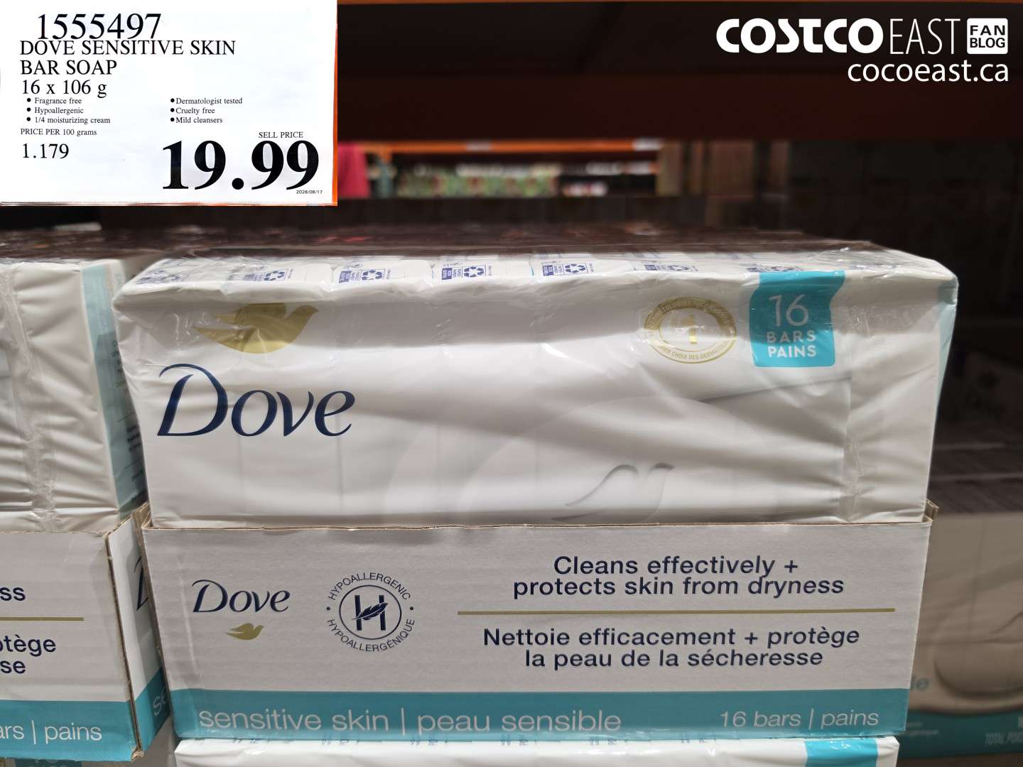 1555497 DOVE SENSITIVE SKIN BAR SOAP 16 X 106 G $19.99