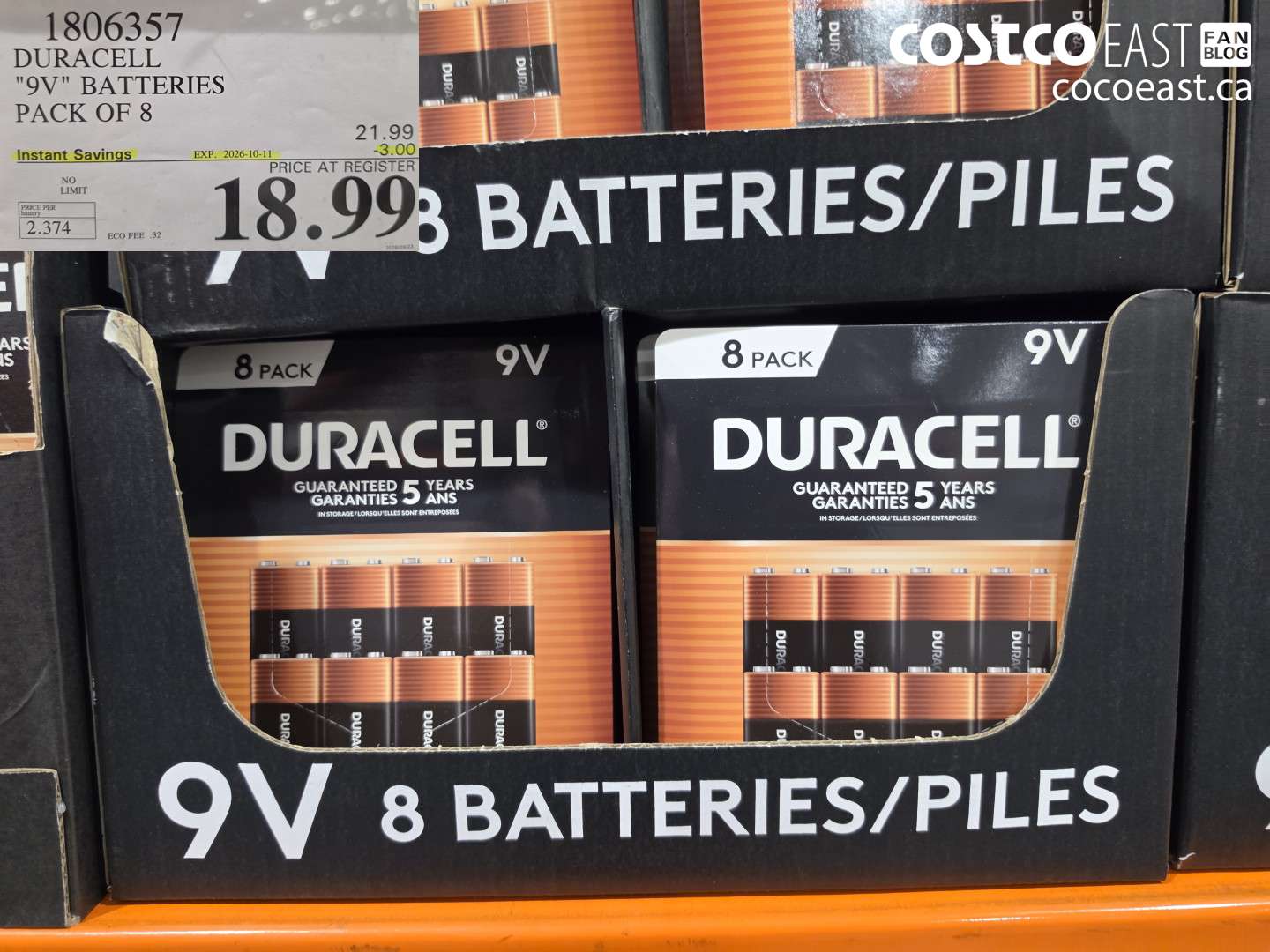 1806357 DURACELL 9V BATTERIES PACK OF 8 ($3.00 INSTANT SAVINGS EXPIRES ON 2026-10-11) $18.99