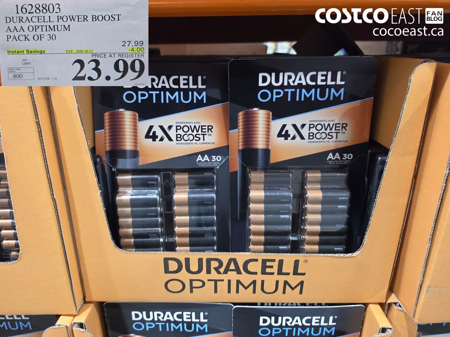 1628803 DURACELL POWER BOOST AAA OPTIMUM PACK OF 30 ($4.00 INSTANT SAVINGS EXPIRES ON 2026-10-11) $23.99