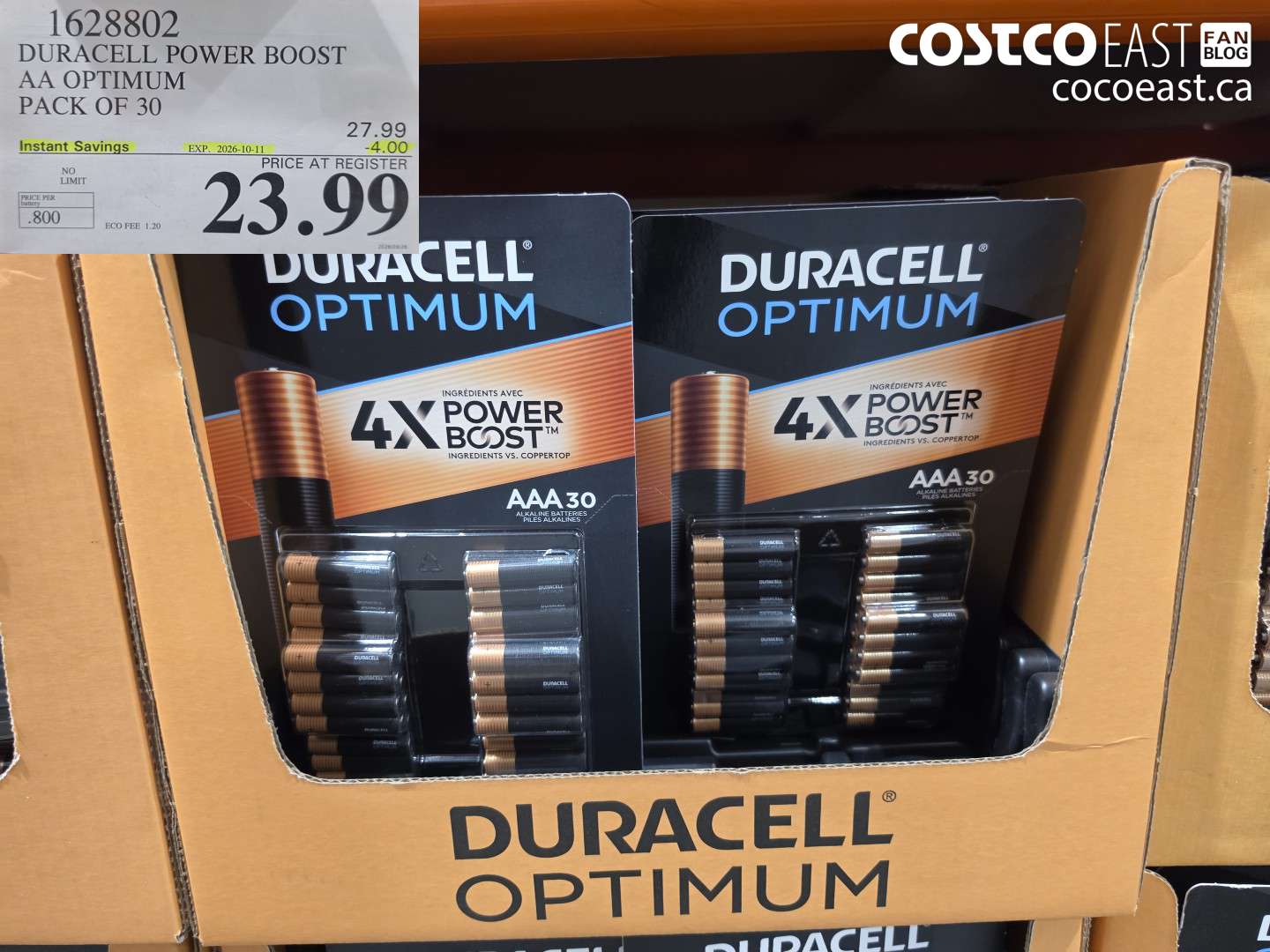 1628802 DURACELL POWER BOOST AA OPTIMUM PACK OF 30 ($4.00 INSTANT SAVINGS EXPIRES ON 2026-10-11) $23.99