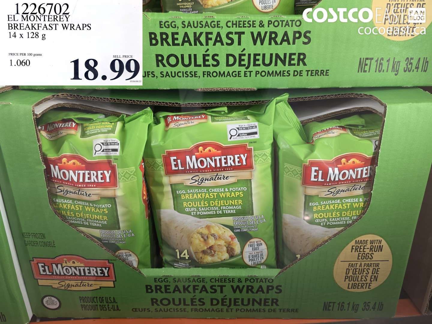 1226702 EL MONTEREY BREAKFAST WRAPS 14 X 128 G $18.99