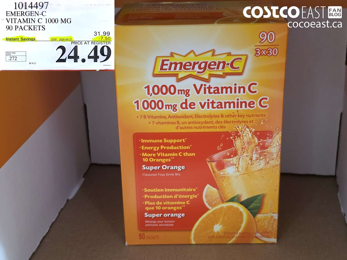 1014497 EMERGEN-C VITAMIN C 1000 MG 90 PACKETS ($7.50 INSTANT SAVINGS EXPIRES ON 2026-09-27) $24.49