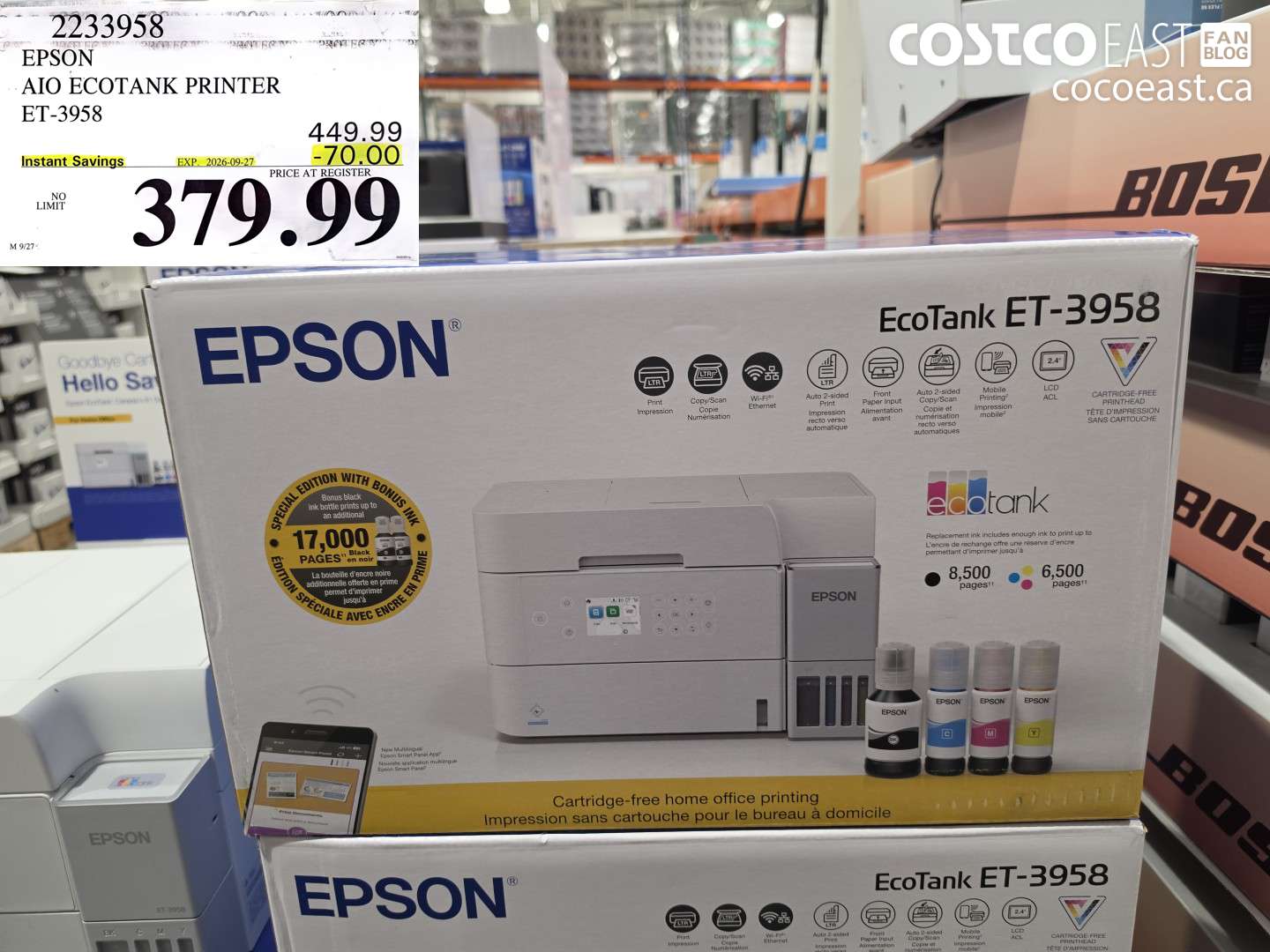 2233958 EPSON AIO ECOTANK PRINTER ET-3958 ($70.00 INSTANT SAVINGS EXPIRES ON 2026-09-27) $379.99