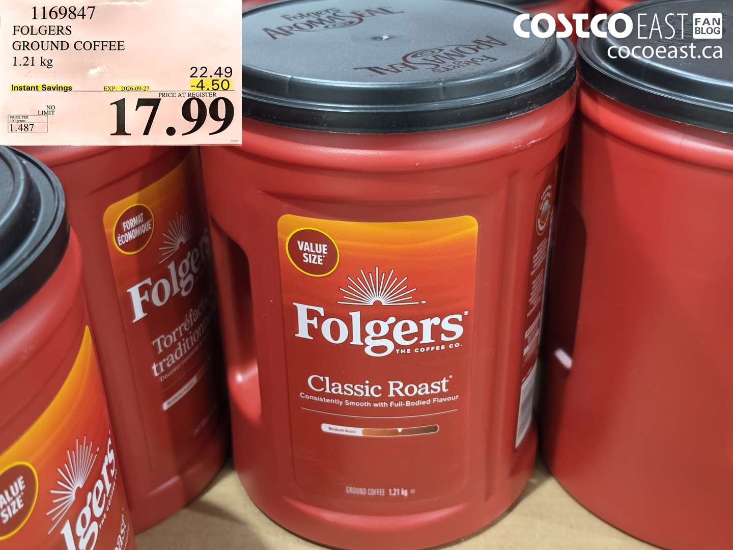 1169847 FOLGERS GROUND COFFEE 1.21 KG ($4.50 INSTANT SAVINGS EXPIRES ON 2026-09-27) $17.99