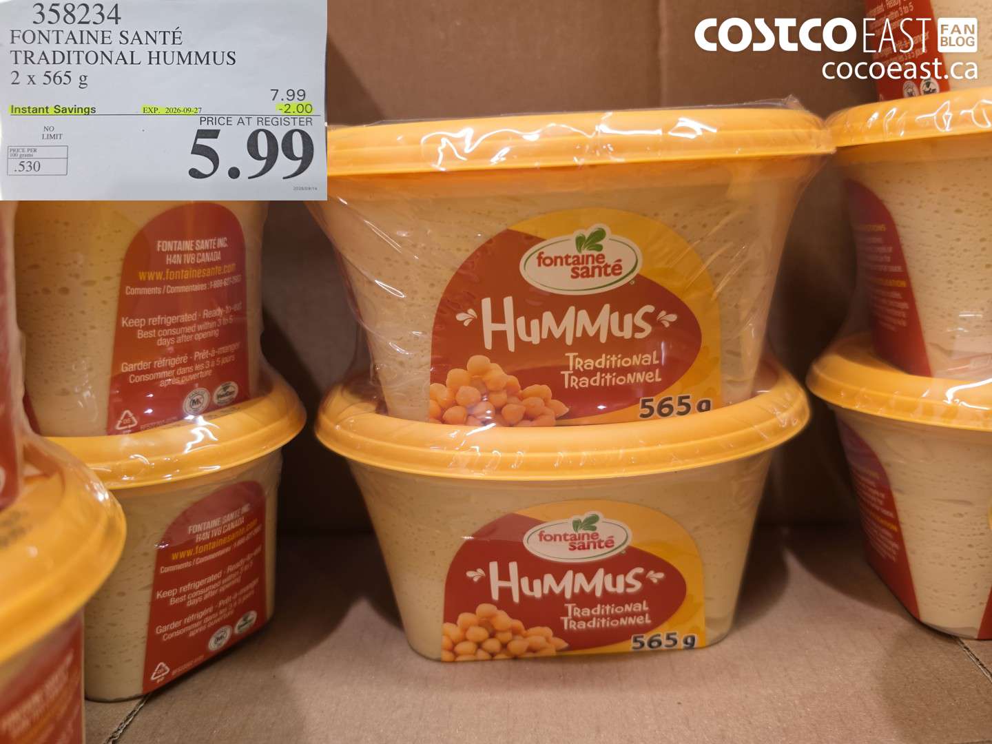 358234 FONTAINE SANTÉ TRADITIONAL HUMMUS 2 X 565 G ($2.00 INSTANT SAVINGS EXPIRES ON 2026-09-27) $5.99