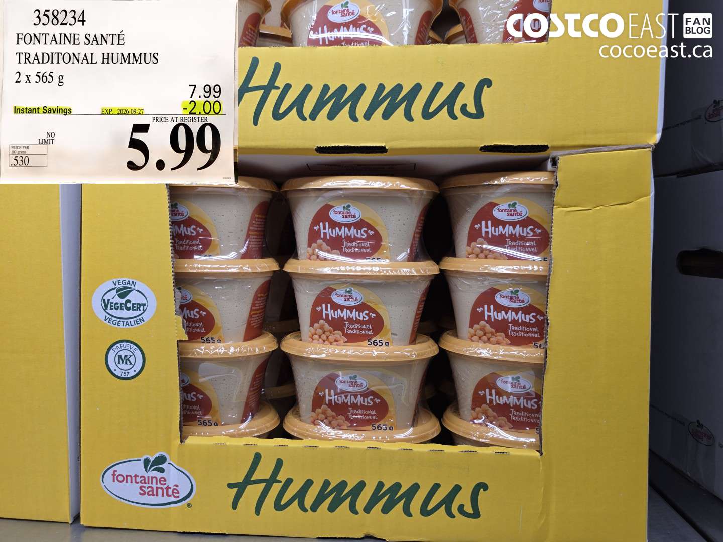 358234 FONTAINE SANTÉ TRADITIONAL HUMMUS 2 X 565 G ($2.00 INSTANT SAVINGS EXPIRES ON 2026-09-27) $5.99