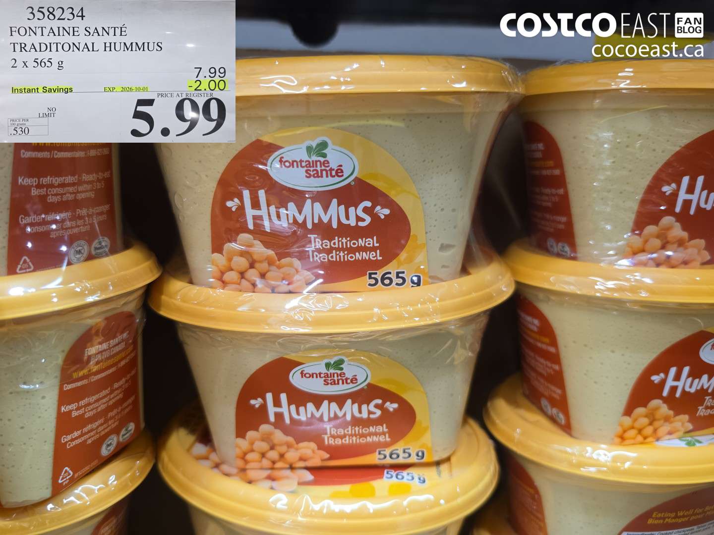 358234 FONTAINE SANTÉ TRADITIONAL HUMMUS 2 X 565 G ($2.00 INSTANT SAVINGS EXPIRES ON 2026-10-01) $5.99