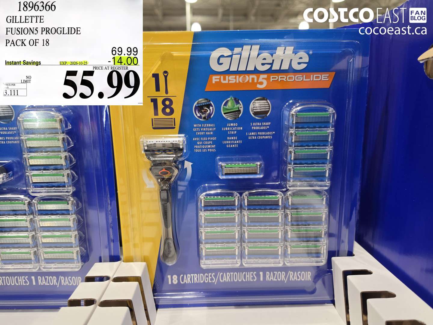 1896366 GILLETTE FUSION5 PROGLIDE PACK OF 18 ($14.00 INSTANT SAVINGS EXPIRES ON 2026-10-25) $55.99
