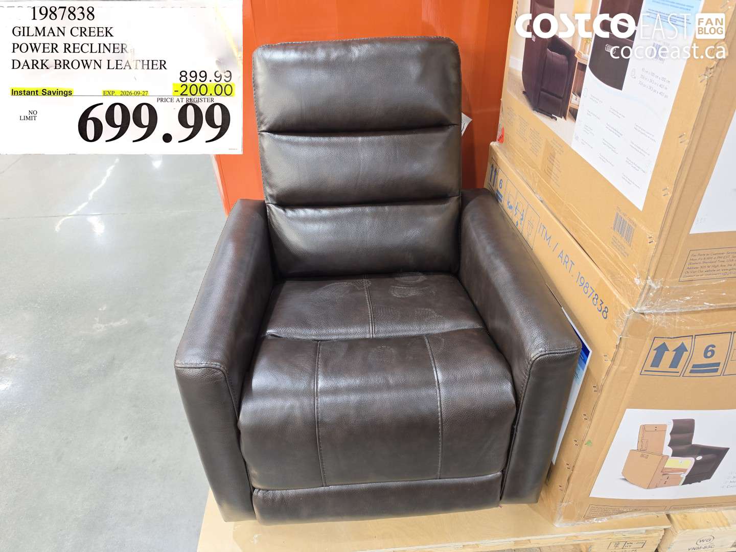 1987838 GILMAN CREEK POWER RECLINER DARK BROWN LEATHER ($200.00 INSTANT SAVINGS EXPIRES ON 2026-09-27) $699.99