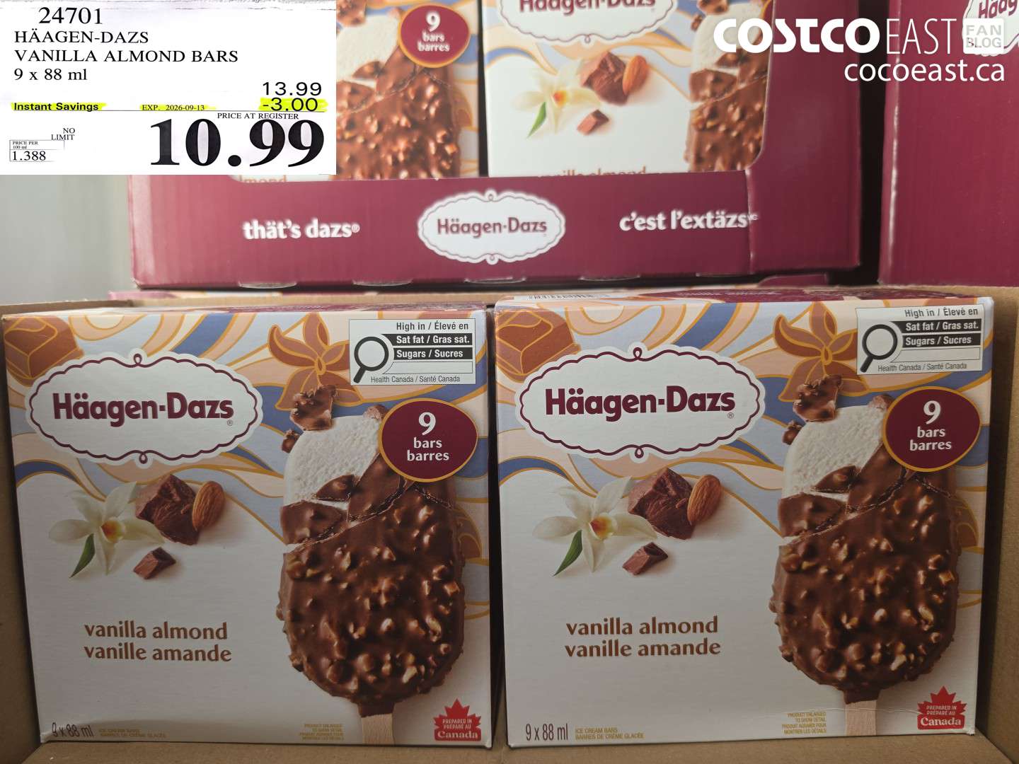 24701 HÄAGEN-DAZS VANILLA ALMOND BARS 9 X 88 ML ($3.00 INSTANT SAVINGS EXPIRES ON 2026-09-13) $10.99