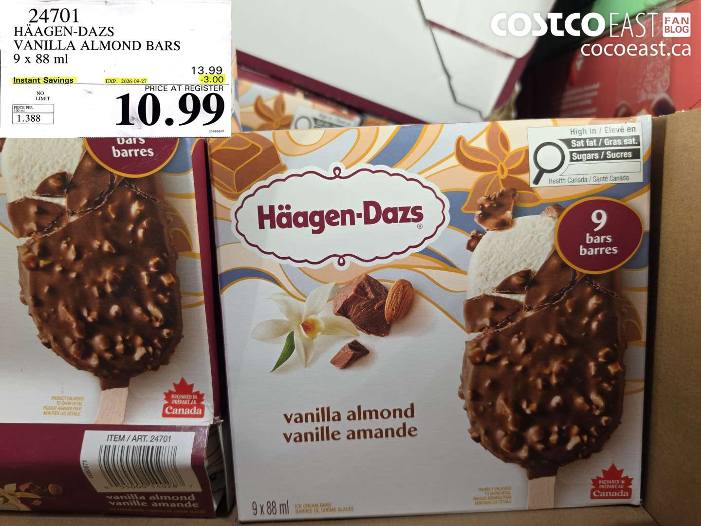24701 HÄAGEN-DAZS VANILLA ALMOND BARS 9 X 88 ML ($3.00 INSTANT SAVINGS EXPIRES ON 2026-09-27) $10.99