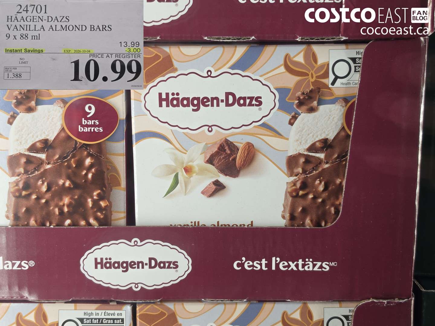 24701 HÄAGEN-DAZS VANILLA ALMOND BARS 9 X 88 ML ($3.00 INSTANT SAVINGS EXPIRES ON 2026-10-04) $10.99