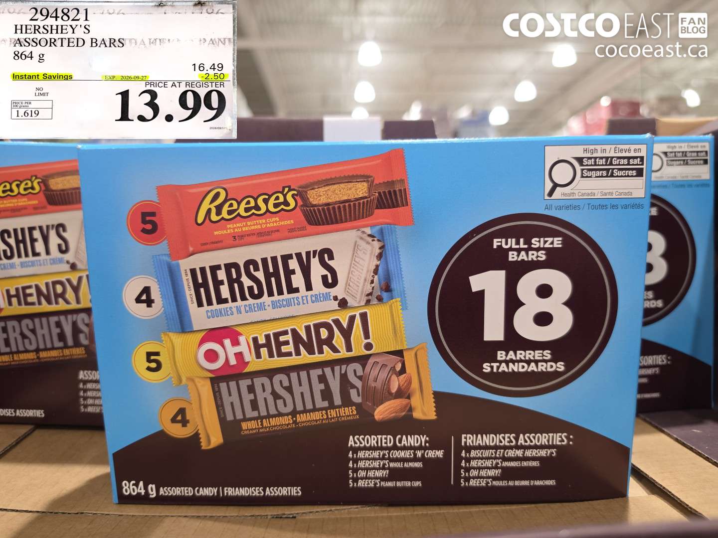 294821 HERSHEY'S ASSORTED BARS 864 G ($2.50 INSTANT SAVINGS EXPIRES ON 2026-09-27) $13.99