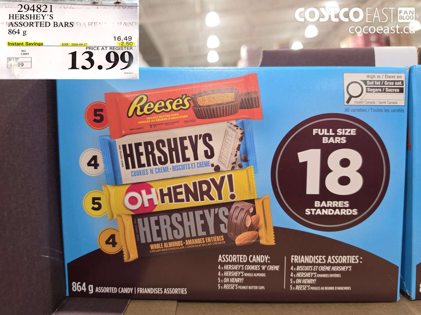 294821 HERSHEY'S ASSORTED BARS 864 G ($2.50 INSTANT SAVINGS EXPIRES ON 2026-09-27) $13.99