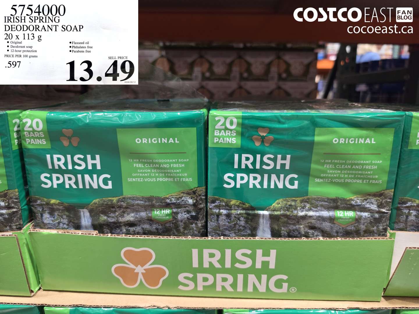 5754000 IRISH SPRING DEODORANT SOAP 20 X 113 G $13.49