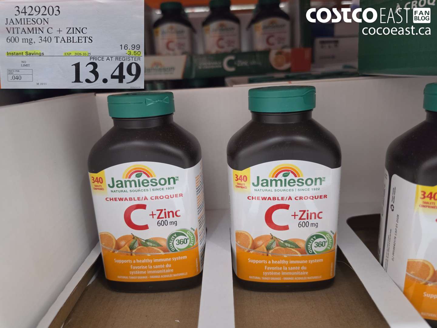 3429203 JAMIESON VITAMIN C + ZINC 600 MG, 340 TABLETS ($3.50 INSTANT SAVINGS EXPIRES ON 2026-10-25) $13.49
