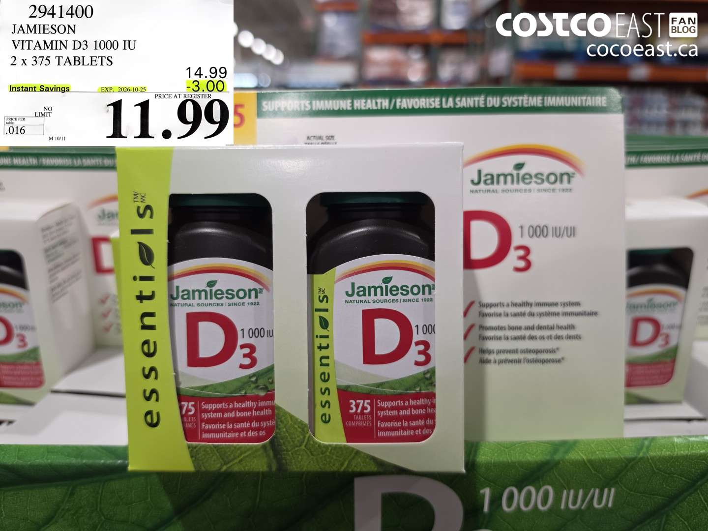2941400 JAMIESON VITAMIN D3 1000 IU 2 X 375 TABLETS ($3.00 INSTANT SAVINGS EXPIRES ON 2026-10-25) $11.99