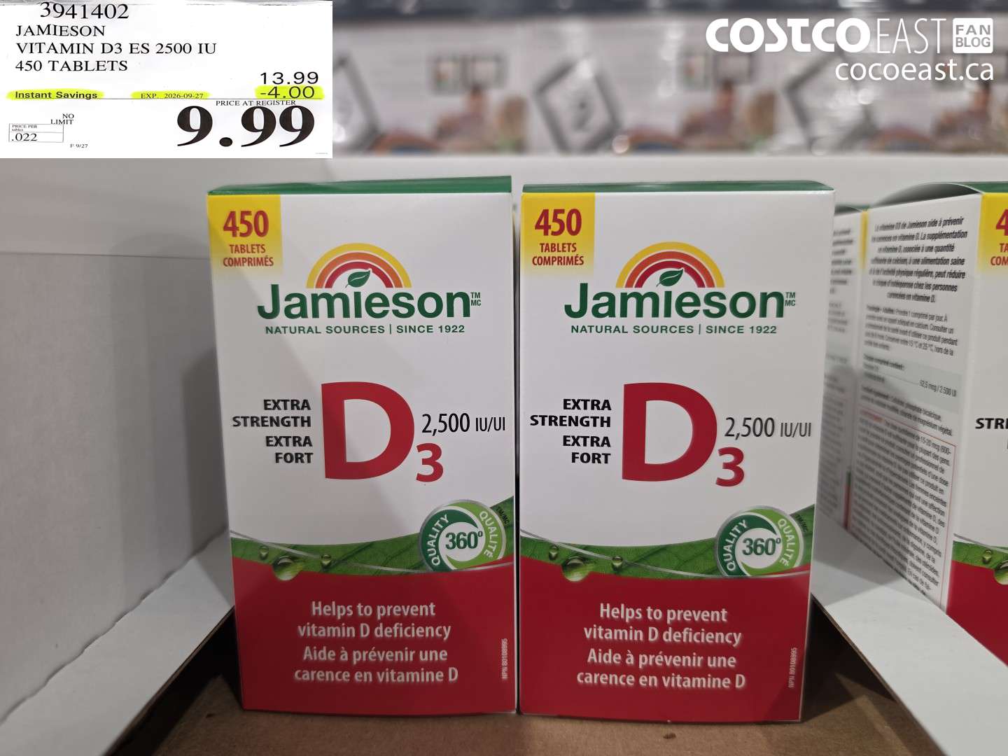 3941402 JAMIESON VITAMIN D3 ES 2500 IU 450 TABLETS ($4.00 INSTANT SAVINGS EXPIRES ON 2026-09-27) $9.99