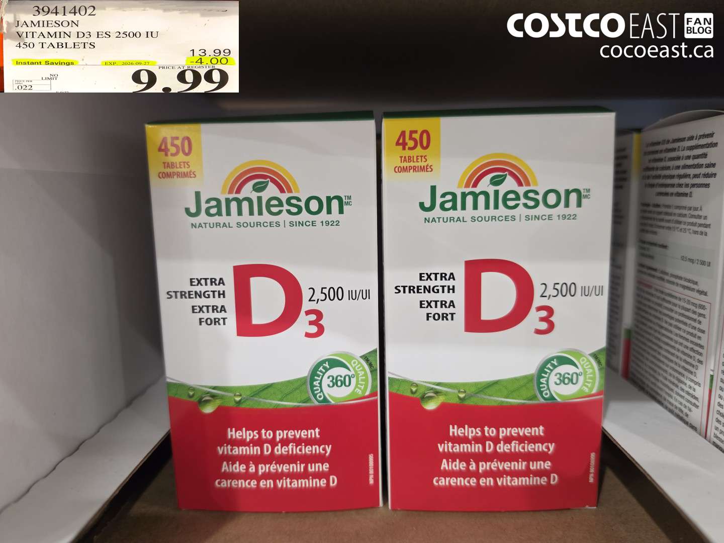 3941402 JAMIESON VITAMIN D3 ES 2500 IU 450 TABLETS ($4.00 INSTANT SAVINGS EXPIRES ON 2026-09-27) $9.99