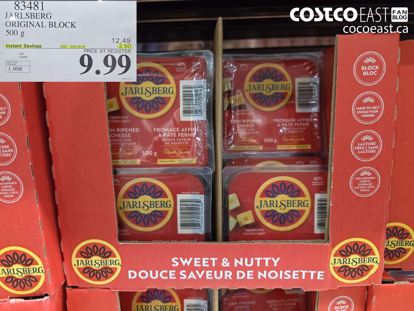 83481 JARLSBERG ORIGINAL BLOCK 500 G ($2.50 INSTANT SAVINGS EXPIRES ON 2026-09-20) $9.99