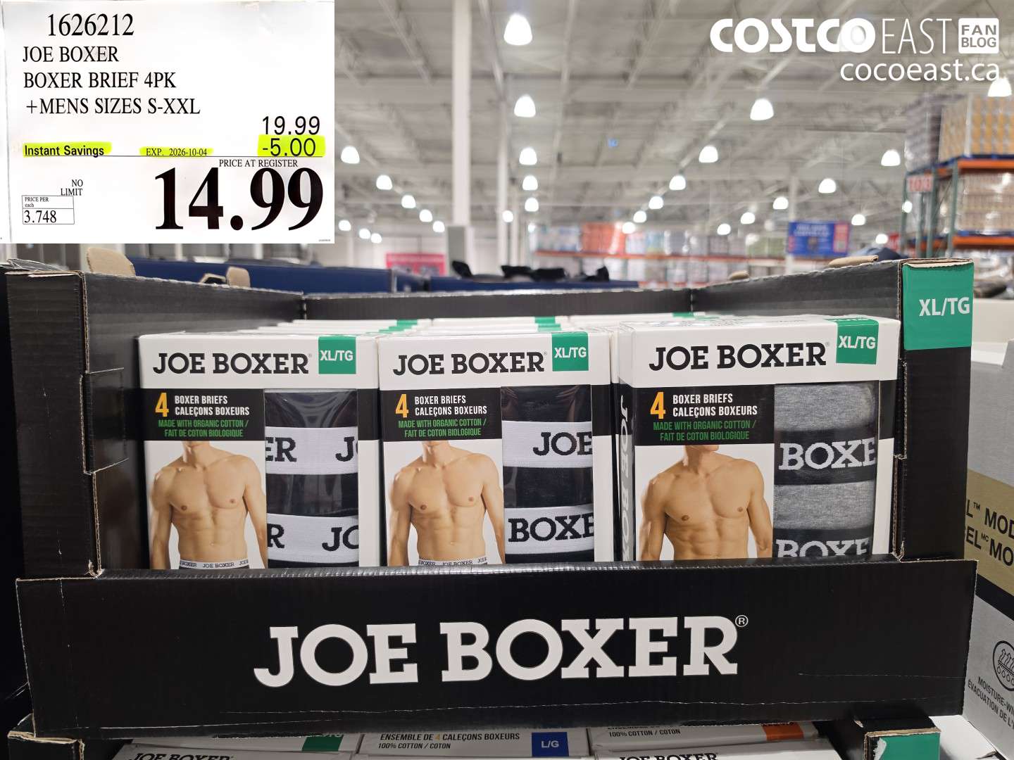 1626212 JOE BOXER BOXER BRIEF 4PK MENS SIZES S-XXL ($5.00 INSTANT SAVINGS EXPIRES ON 2026-10-04) $14.99