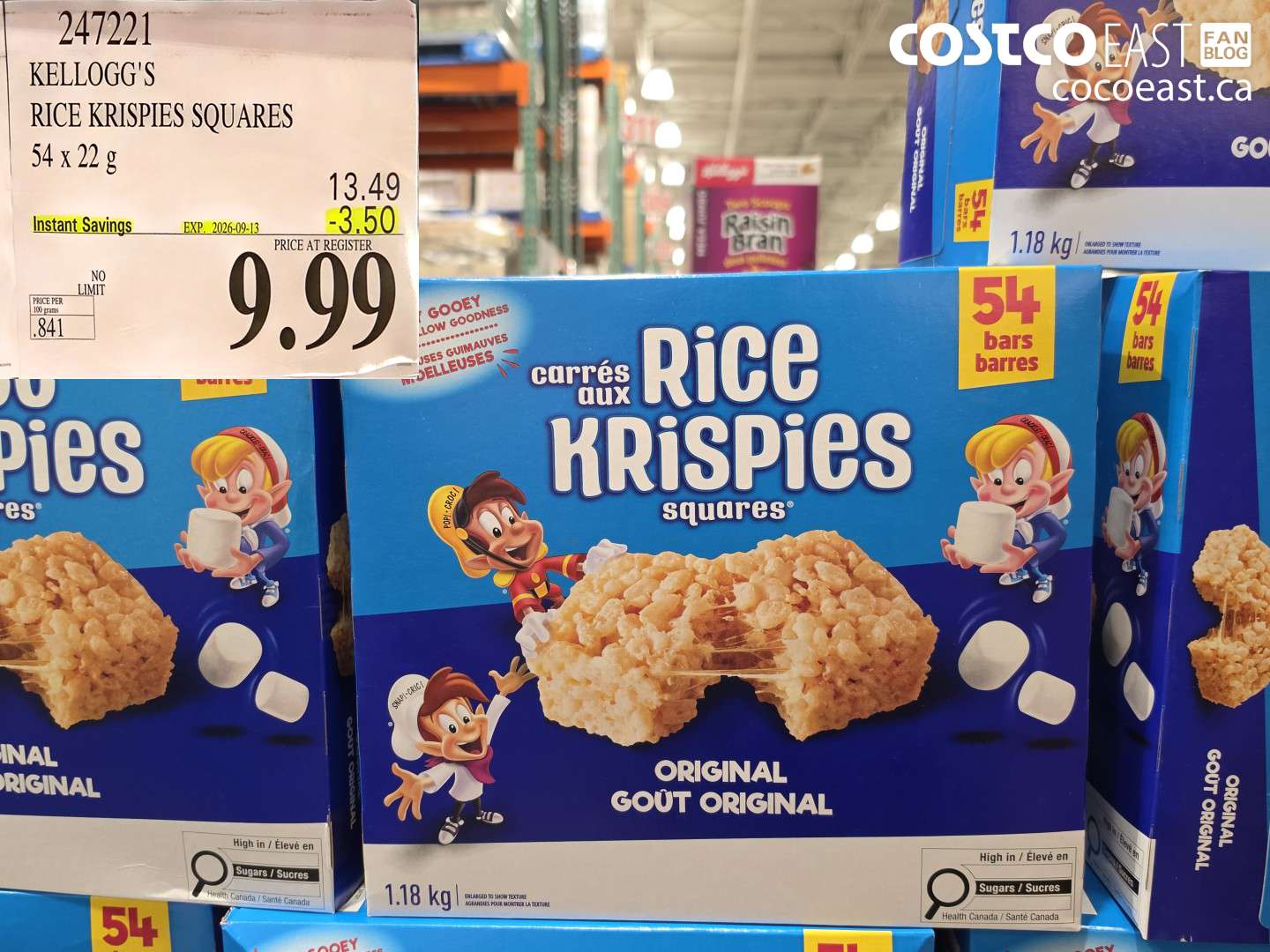 247221 KELLOGG'S RICE KRISPIES SQUARES 54 X 22 G ($3.50 INSTANT SAVINGS EXPIRES ON 2026-09-13) $9.99