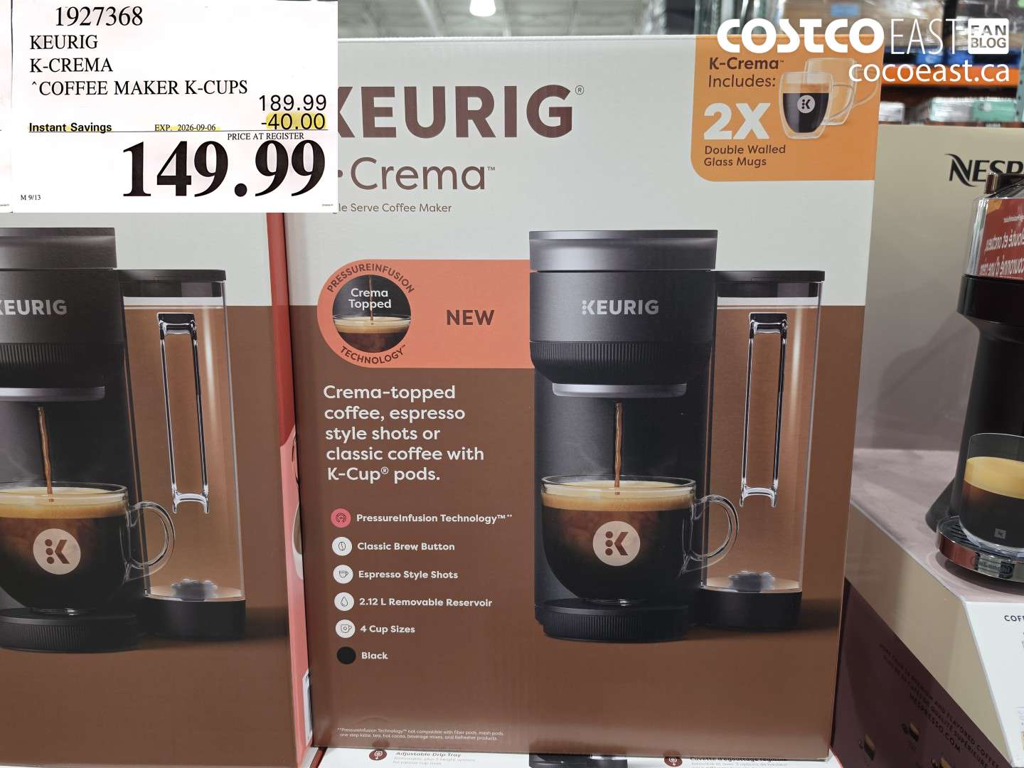 1927368 KEURIG K-CREMA COFFEE MAKER K-CUPS ($40.00 INSTANT SAVINGS EXPIRES ON 2026-09-06) $149.99