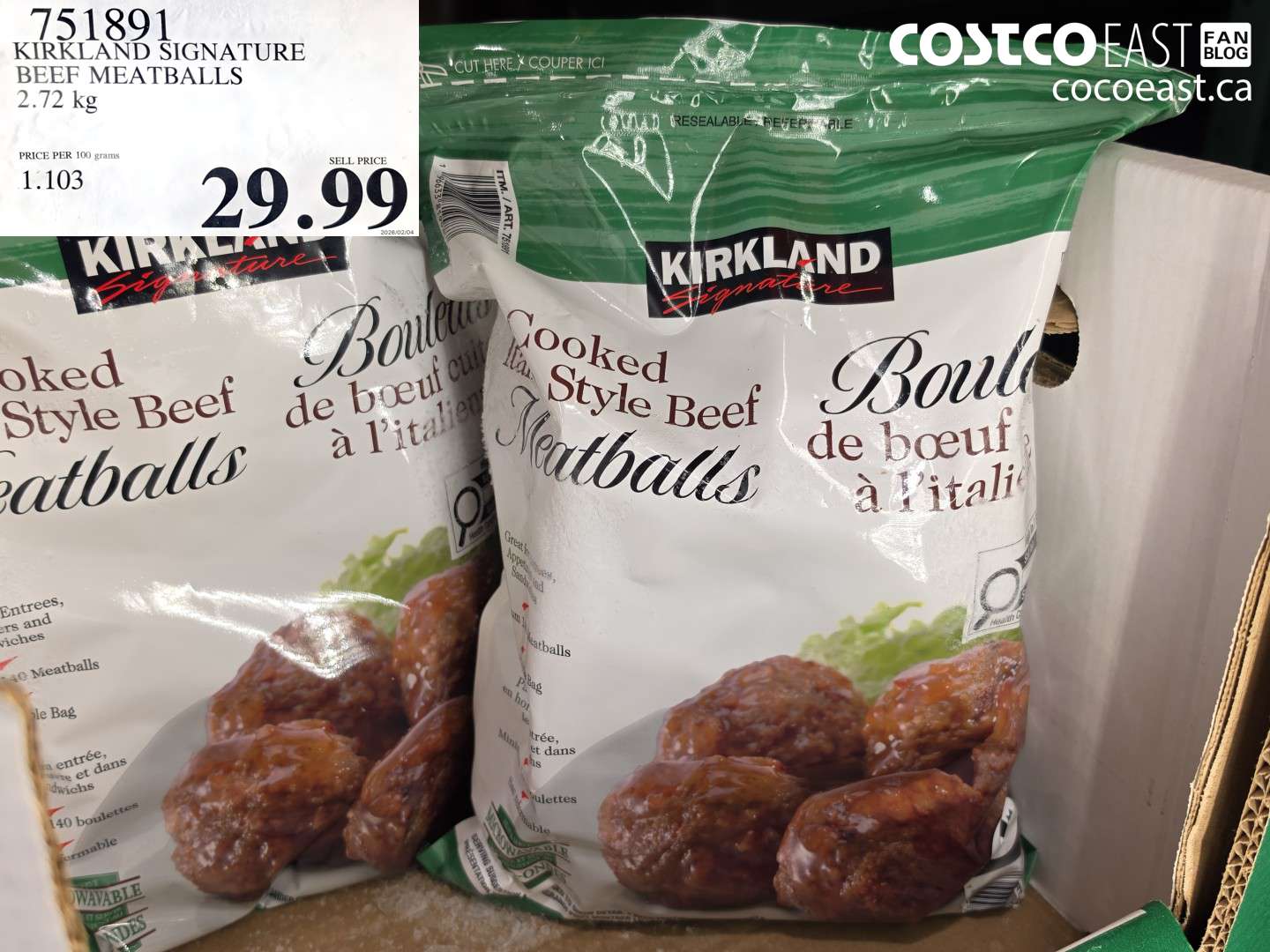 751891 KIRKLAND SIGNATURE BEEF MEATBALLS 2.72 KG $29.99