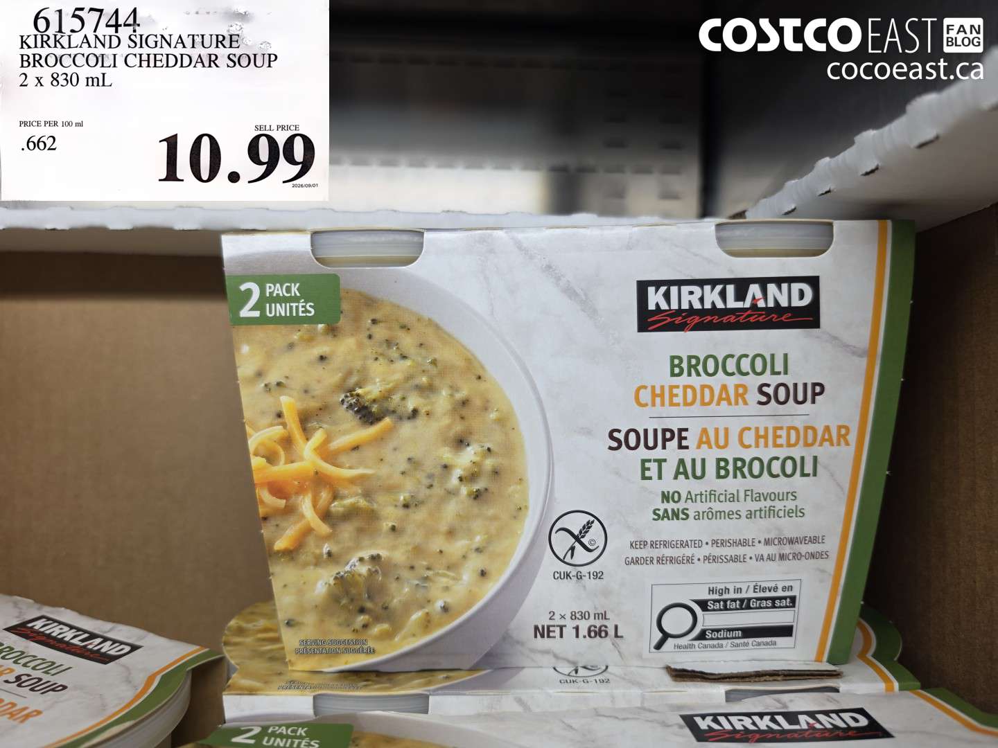 615744 KIRKLAND SIGNATURE BROCCOLI CHEDDAR SOUP 2 X 830 ML $10.99