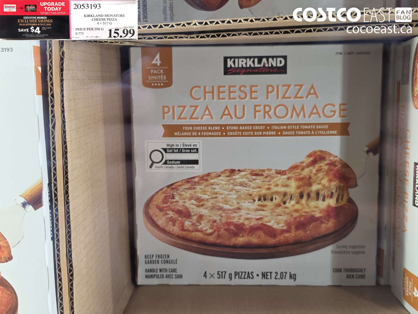 2053193 KIRKLAND SIGNATURE CHEESE PIZZA 4 X 517 G ($4.00 INSTANT SAVINGS EXPIRES ON 2026-09-27) $11.99