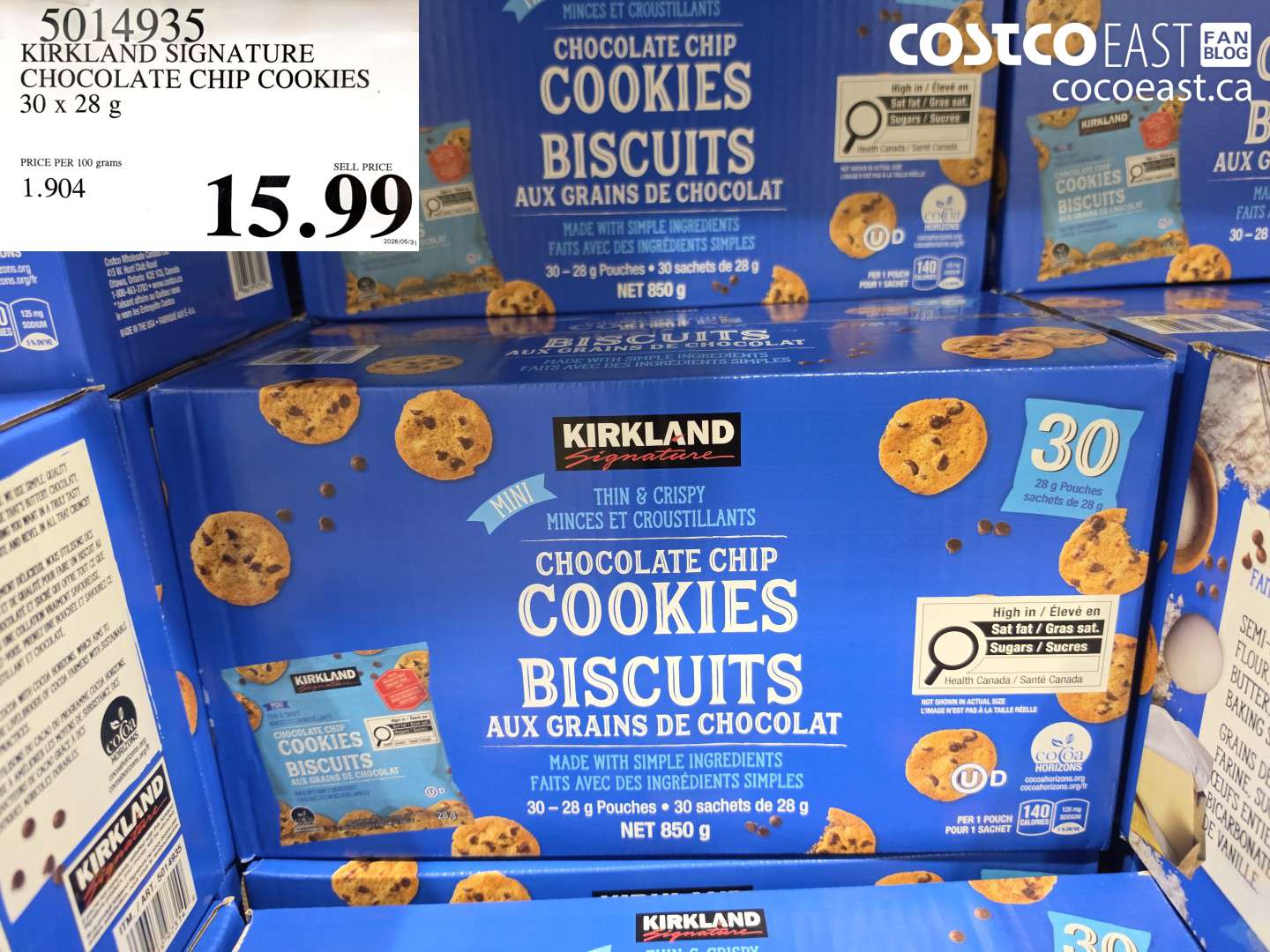 5014935 KIRKLAND SIGNATURE CHOCOLATE CHIP COOKIES 30 X 28 G $15.99