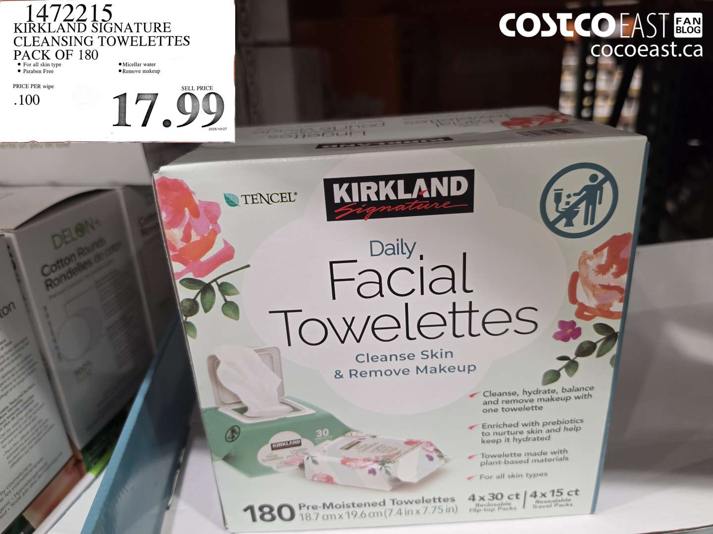 1472215 KIRKLAND SIGNATURE CLEANSING TOWELETTES PACK OF 180 $17.99