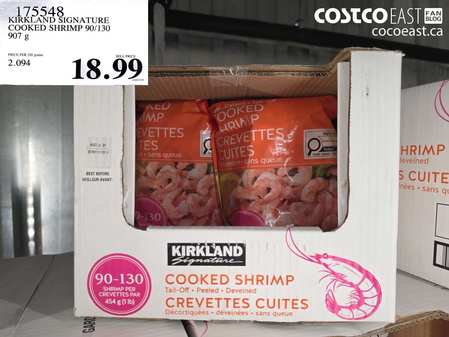 175548 KIRKLAND SIGNATURE COOKED SHRIMP 90/130 907 G $18.99