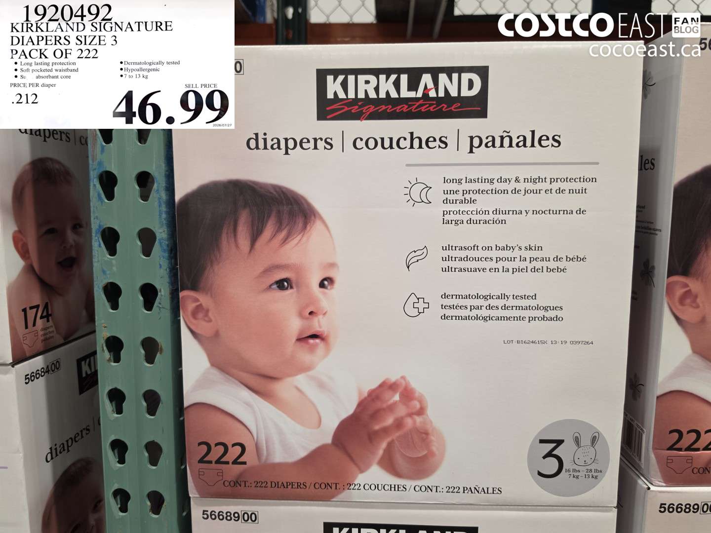 1920492 KIRKLAND SIGNATURE DIAPERS SIZE 3 PACK OF 222 $46.99
