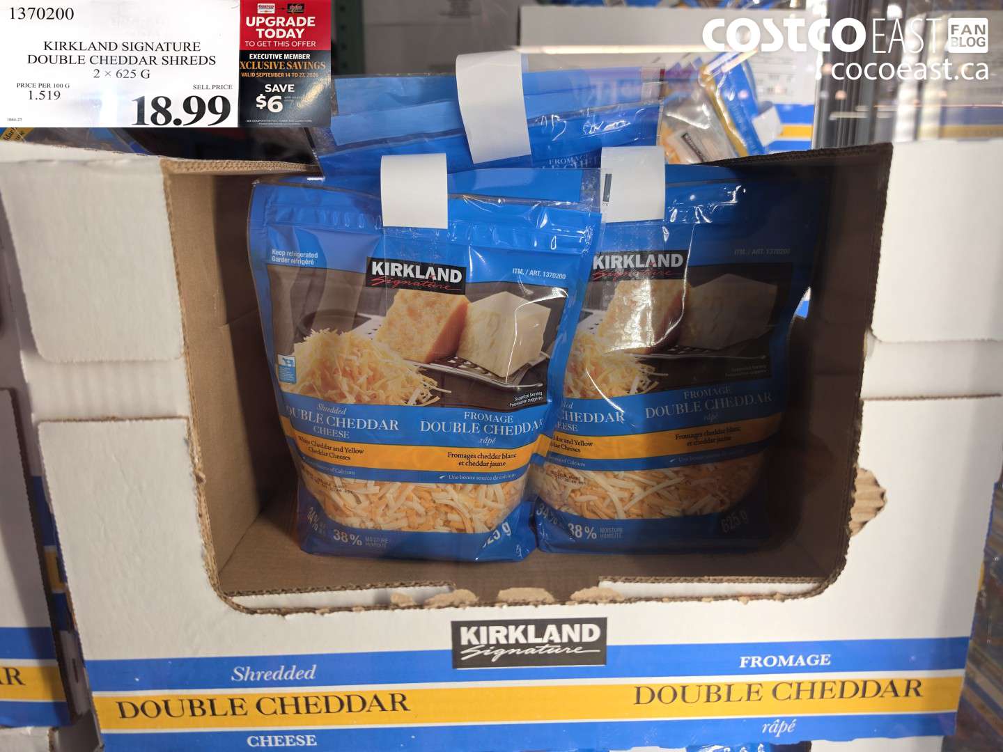 1370200 KIRKLAND SIGNATURE DOUBLE CHEDDAR SHREDS 2 X 625 G 6 OFF (EXPIRES ON 2026-09-27) $12.99