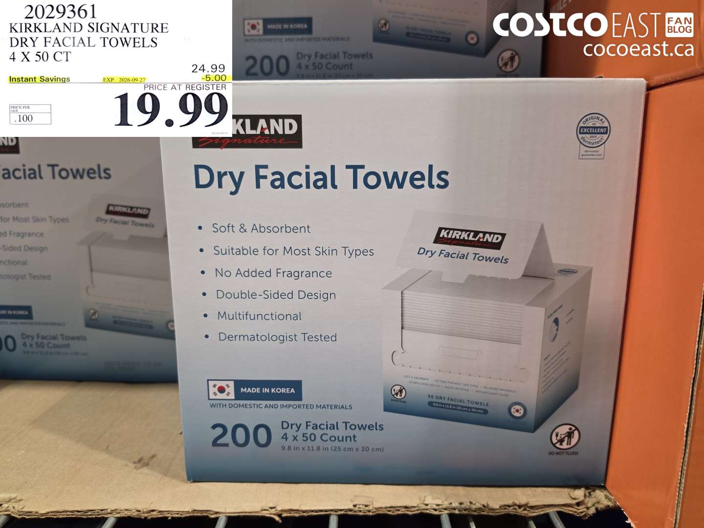 2029361 KIRKLAND SIGNATURE DRY FACIAL TOWELS 4 X 50 CT ($5.00 INSTANT SAVINGS EXPIRES ON 2026-09-27) $19.99