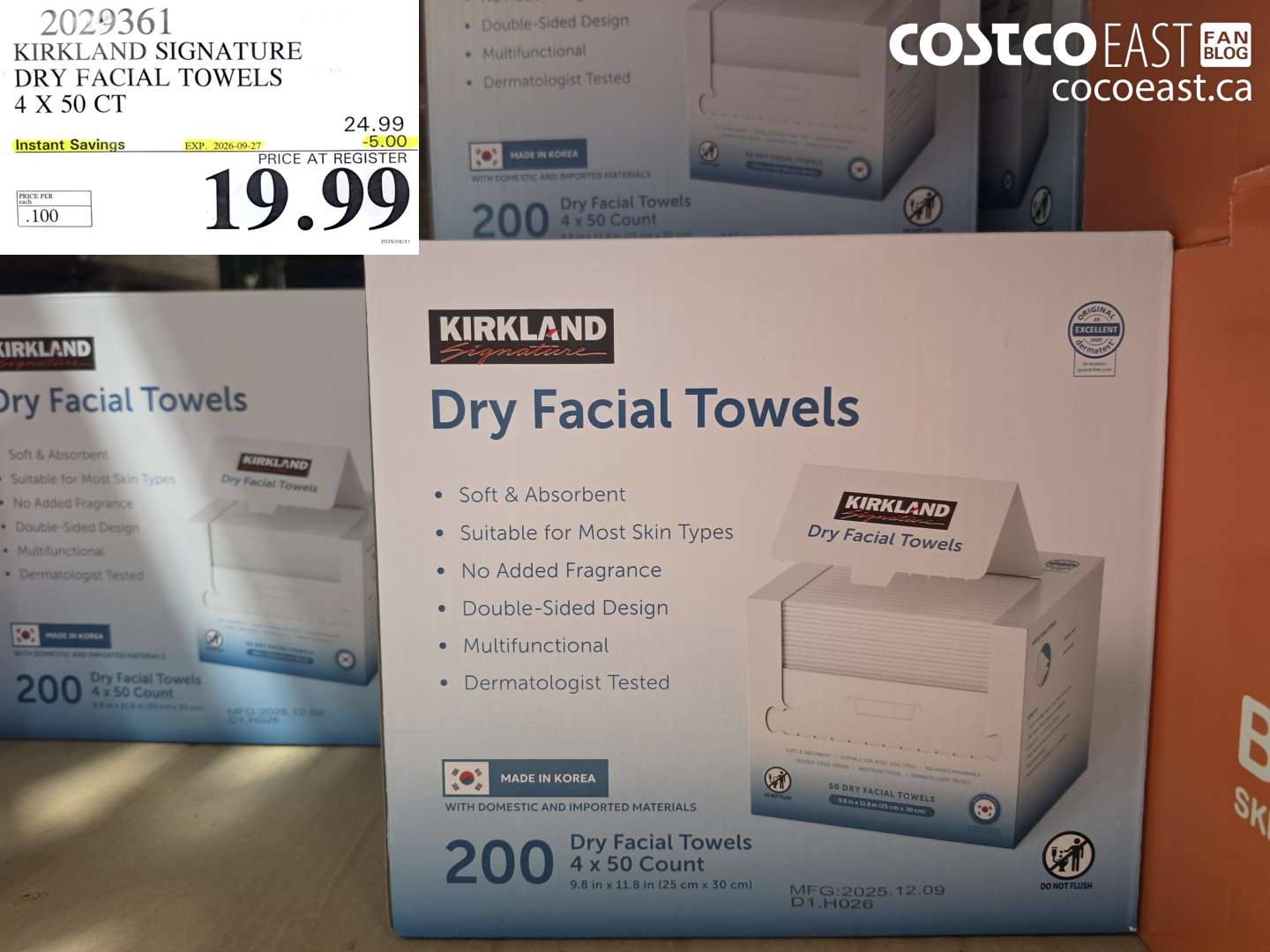 2029361 KIRKLAND SIGNATURE DRY FACIAL TOWELS 4 X 50 CT ($5.00 INSTANT SAVINGS EXPIRES ON 2026-09-27) $19.99