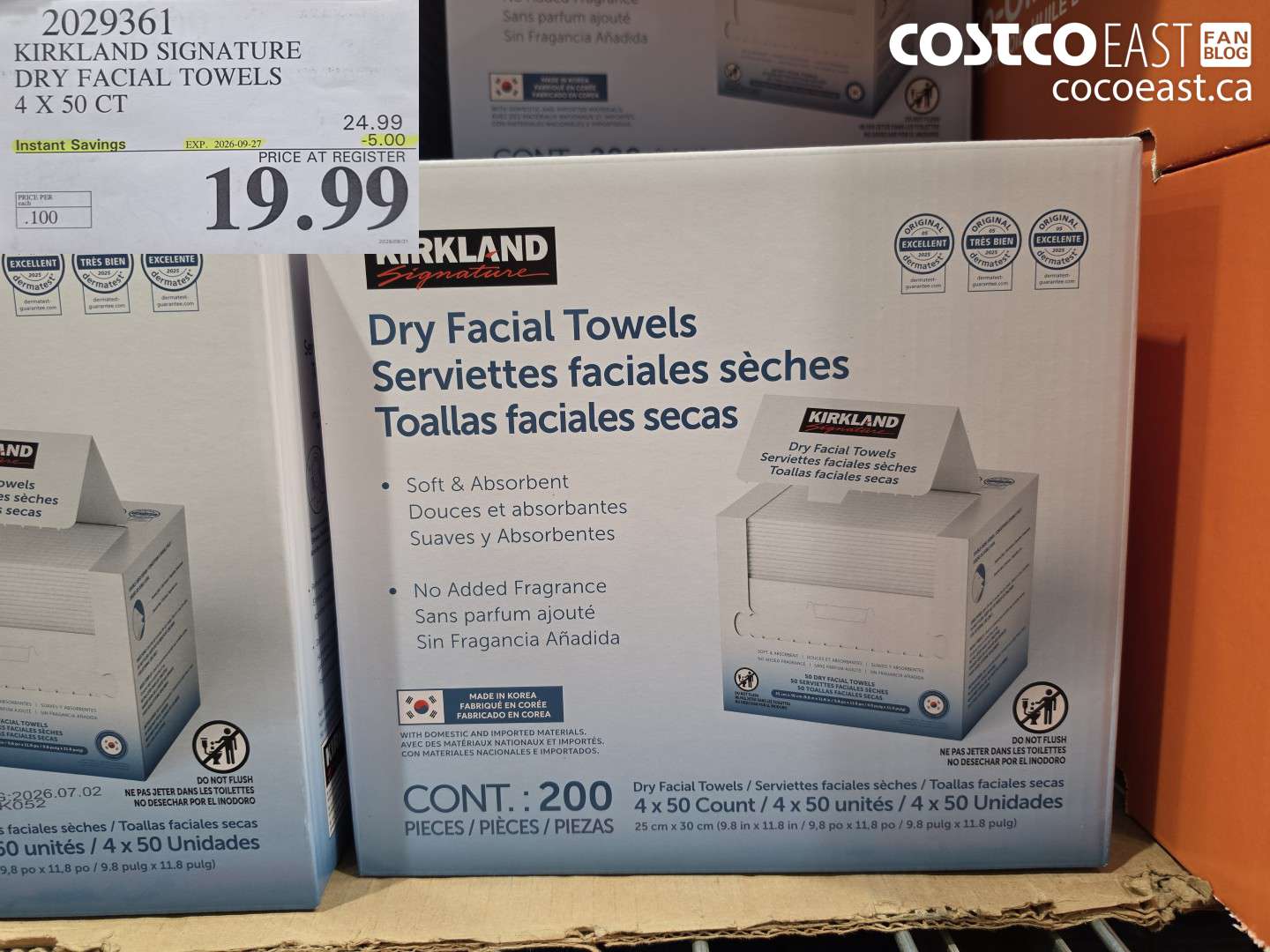2029361 KIRKLAND SIGNATURE DRY FACIAL TOWELS 4 X 50 CT ($5.00 INSTANT SAVINGS EXPIRES ON 2026-09-27) $19.99