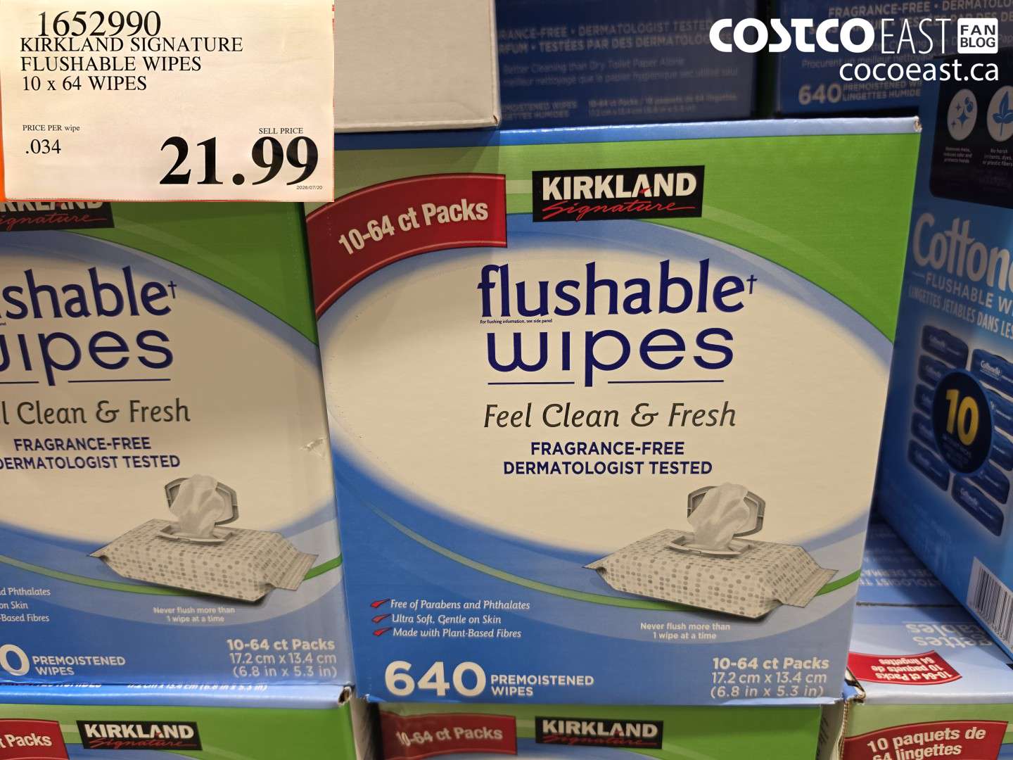 1652990 KIRKLAND SIGNATURE FLUSHABLE WIPES 10 X 64 WIPES $21.99