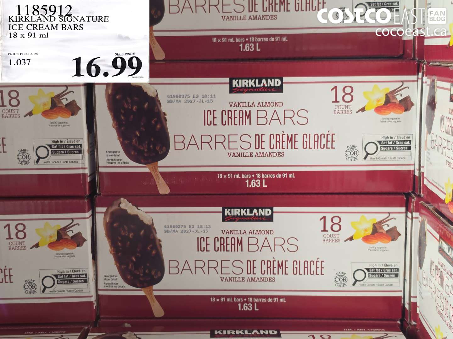1185912 KIRKLAND SIGNATURE ICE CREAM BARS 18 X 91 ML $16.99