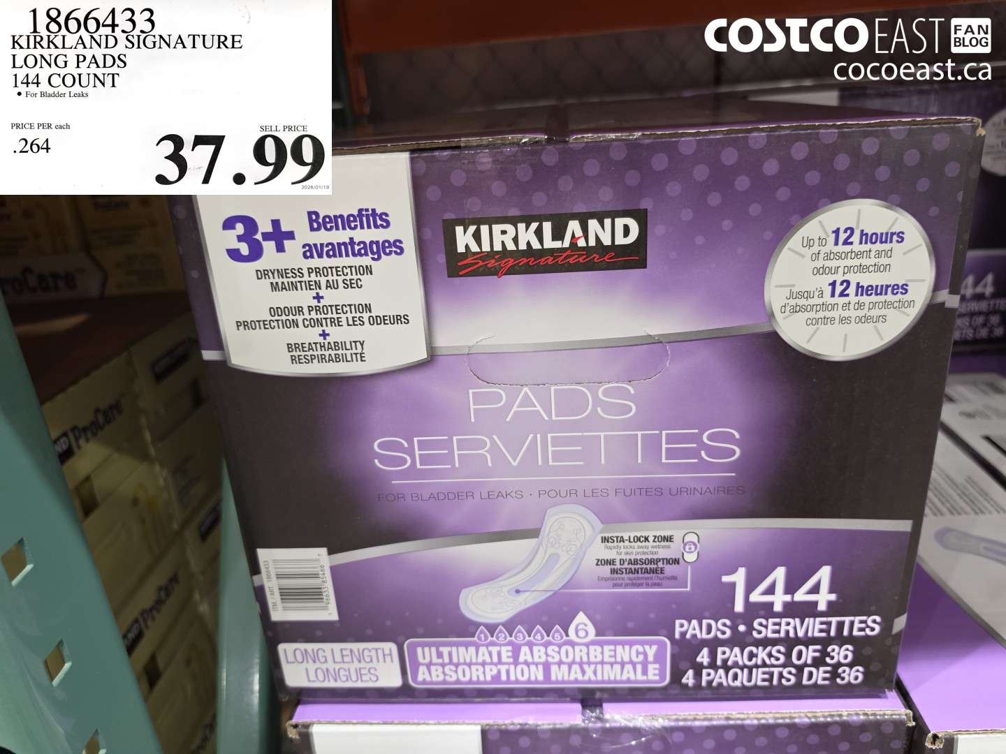 1866433 KIRKLAND SIGNATURE LONG PADS 144 COUNT $37.99