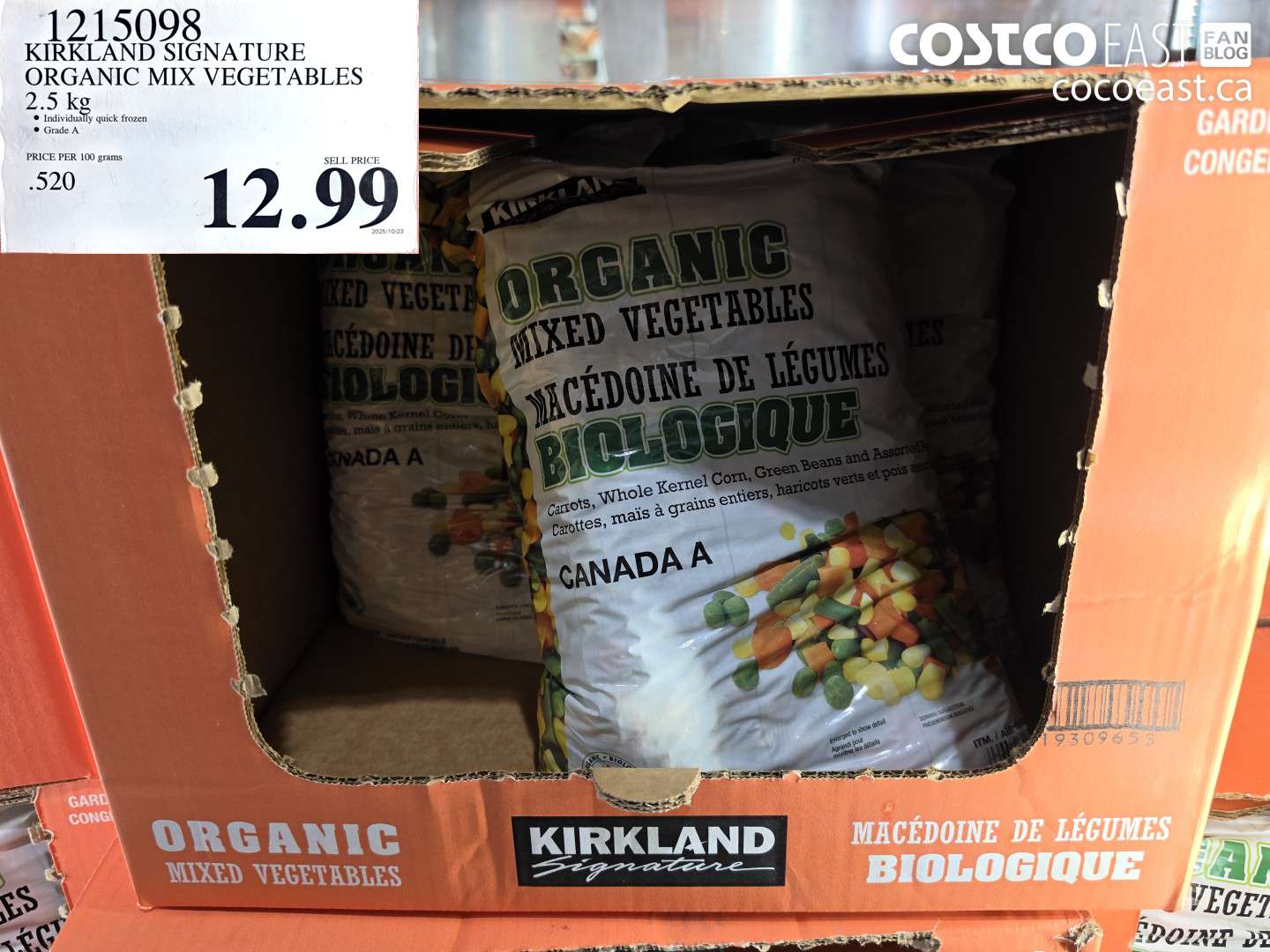 1215098 KIRKLAND SIGNATURE ORGANIC MIX VEGETABLES 2.5 KG $12.99